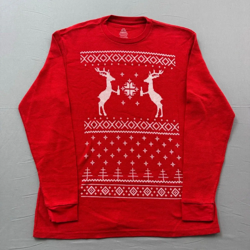 Mens Red Fair Isle Reindeer‎ Waffle Knit Thermal Long Sleeve Shirt Large
